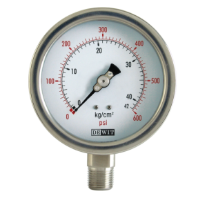 Manometro 2 1/2" Mod 2000Ssv/63/7Kg- 1/4" Marca De Wit Caja De Acero Inoxidable 304, Conexion Inferior 1/4" Npt En Acero Inoxidable, Cristal Inastillable, Doble Escala A Psi, Lleno De Glicerina.Con Certificado Ema