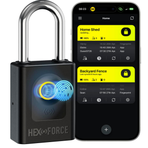 Candado inteligente de huellas dactilares - HEXFORCE G1, bloqueo de doble bola de servicio pesado, resistente a la intemperie IP67, control biométrico sin llave y Bluetooth, 56*134MM, grillete largo 
